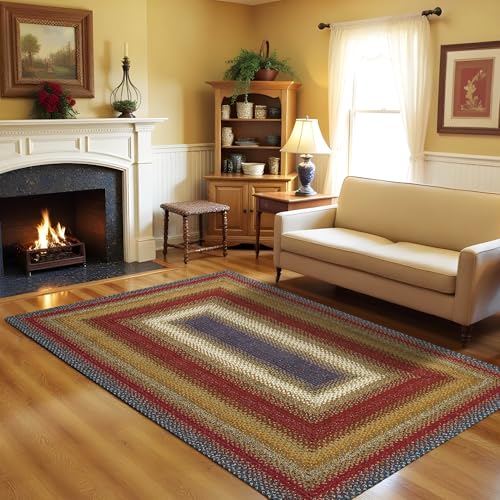 Log Cabin Step Blue and Red Cotton Braided Area Rugs, 6x9' Rectangle - Warm Lodge and Cabin Decor, Perfect for Living Rooms and Dining Rooms - Beautiful, Soft, Durable, Pet Friendly and Easy to Clean