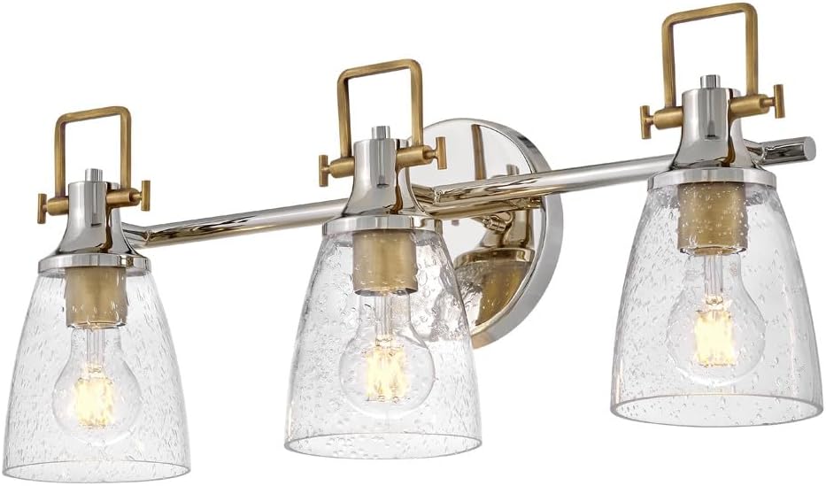 Hinkley Easton Three Light Bath Vanity Fixture, Modern Industrial, Clear Seedy Glass Shade, Mounts Up or Down, Polished Nickel and Heritage Brass