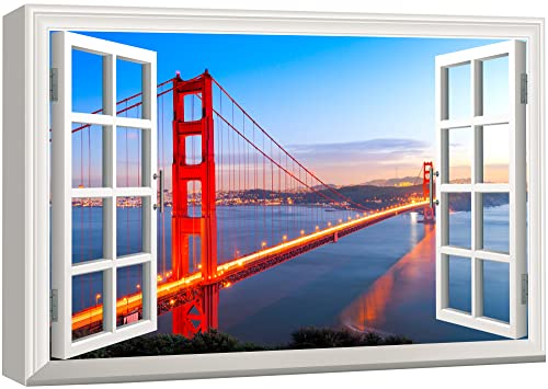 Wall26 Canvas Print Wall Art Window View Landscape San Francisco Golden Gate Bridge Nature Wilderness Photography Modern Art Scenic Colorful Multicolor For Living Room, Bedroom, Office - 24"X36" #TOP1