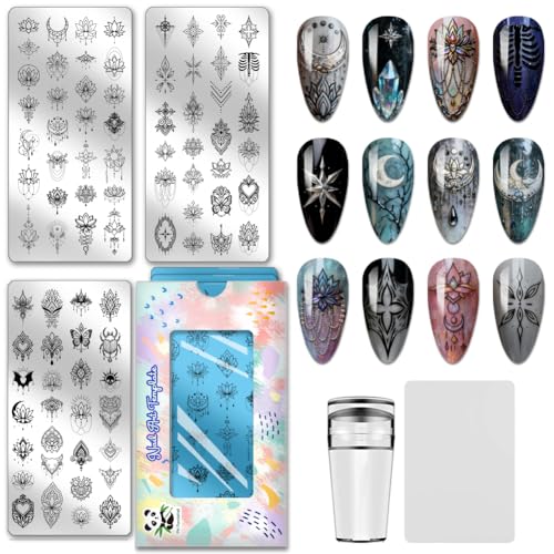 PH PandaHall 3pcs Chain Pendant Nail Stamping Plate Lotus Flower Nail Art Stamp Template Gothic Butterfly Nails Stencils Vintage Nails Image Plates for Women Print Manicures Salon Design Supplies