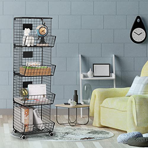 Heomu 4 Tier Fruit Basket Stand, Fruit Vegetable Storage Cart With Wheel, Metal Stackable Potatoes Onions Produce Bins Rack With Removable Chalkboards, Hanging Kitchen Basket For Pantry(Black)… #TOP5