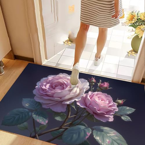 Tapis lavable en machine fleurs réalistes et dossier antidérapant rose