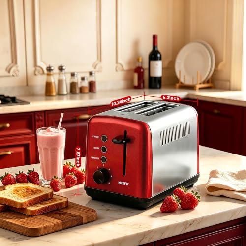 Image of Toaster 2 Slice, Stainless Steel, 6 Shade Settings, 1.5 inch Extra Wide Slots | NEXFIT Retro Toaster with Bagel, Defrost, Reheat & Cancel Functions, 900W, Removable Crumb Tray, High Lift, Cord Wrap, Red