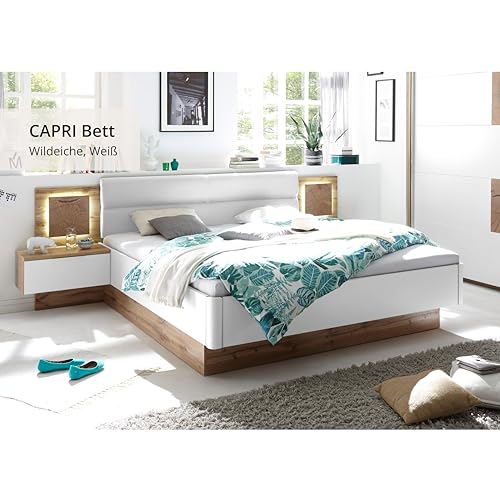 Stella Trading Capri Stilvolle Doppelbett Bettanlage mit LED-Beleuchtung 180 x 200 cm - Schlafzimmer Komplett-Set in Wildeiche-Optik, Weiß - 305 x 96 x 205 cm (B/H/T)