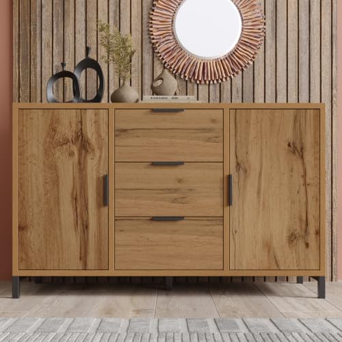Merax Aparador cómoda con 2 puertas y 3 cajones de 120 cm, armario buffet con estante ajustable, armario de almacenamiento en roble oscuro, patas metálicas, para dormitorio, salón, 120 x 40 x 76 cm