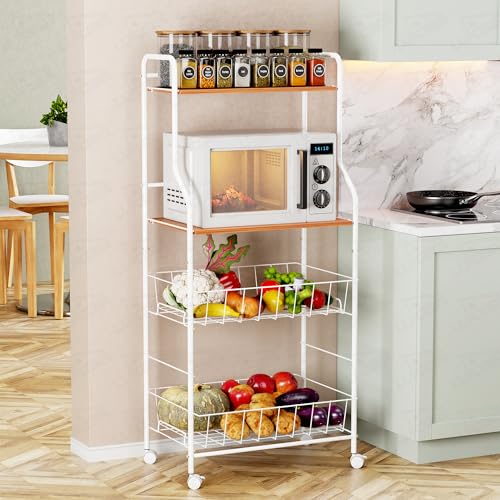 Image of Lukzer 4-Tier Kitchen Storage Rack & Microwave Oven Stand with Wheels Engineered Wood Shelf & Metal Wire Basket Rolling Cart for Kitchen Pantry & Home Organizer (White & Oak Brown /41x56x126cm) CH-092