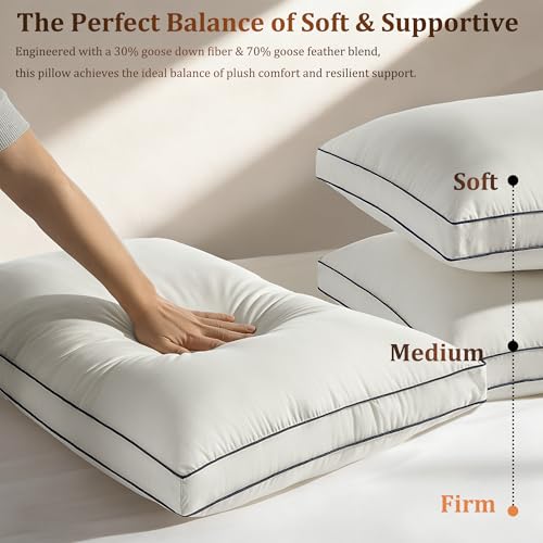 Gehtmnl Feather and Down Fiber Firm Bed Pillows Set of 2, 3-Chamber Design with 2” Gusset, Organic Cotton Cover, Hotel Quality Support for Side and Back Sleeper (2, Queen (20"x30")) - Image 4
