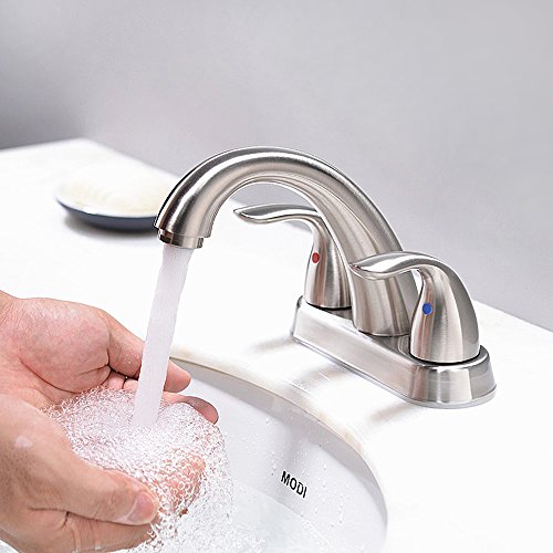 Brushed Nickel 2 Handle Stainless Steel Bathroom Sink Faucet by Phiestina, Bathroom Faucet with Copper Pop Up Drain and Water Supply Lines, BF008-5-BN