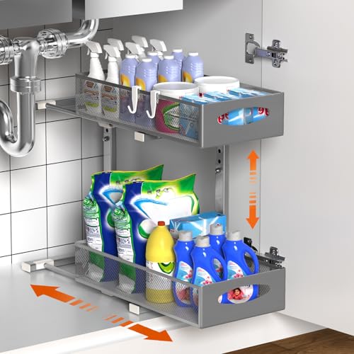 Housolution Organizador Bajo Fregadero de Metal, 2 Niveles Estanteria Bajo Fregadero Extraible con Altura Ajustable, Estante de Almacenamiento Bajo Fregadero para Cocina, 1 Pieza, Gris