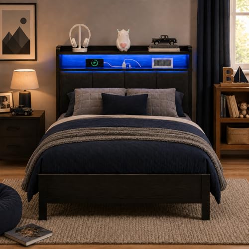 IMMERSTABLE Twin Bed Frame with LED Lights and Charging Station, Upholstered Storage Headboard...