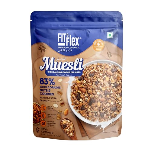 FIT & FLEX Healthy Muesli Breakfast| Baked & Crunchy | Choco Almond Cookie Delights | Low Added Sugar | Zero Cholesterol and Fibre Rich | High Protein Snacks| Ready to eat Oat Rich Cereal 450 GM