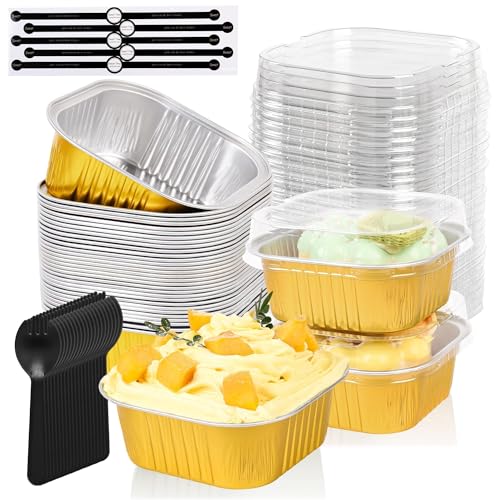 100 Pcs Mini Cake Pans with Lids 5oz Square Aluminum Foil Brownie Baking Cups Small Cake Tins with Lids Disposable Ramekins Mini Cake Containers For Wedding Birthday Party (Gold)