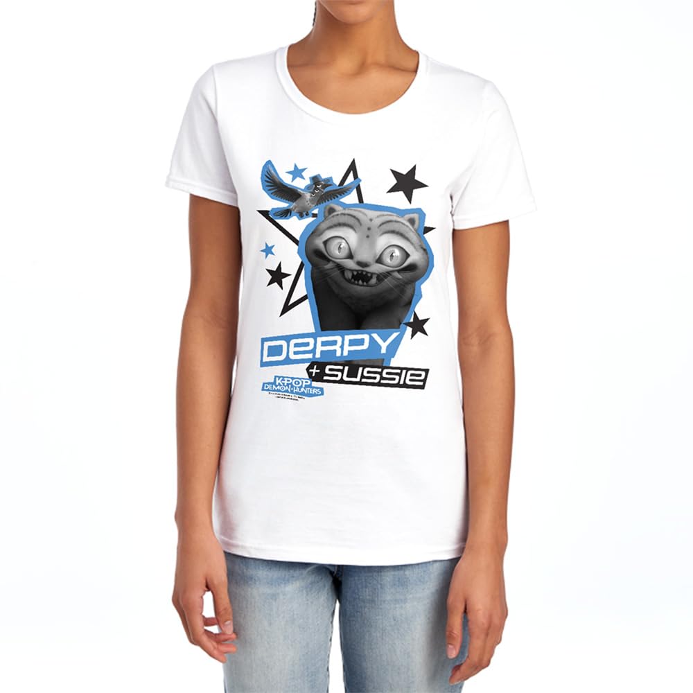 Kpop Demon Hunters Derpy and Sussie Scrapbook Stars Womens T Shirt, White, S