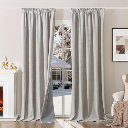 Runyéla 100% Verdunklungsvorhänge Thermovorhänge Kälteschutz Gardinen mit Kräuselband 245 x 140 cm (HxB) 2er Set Leinenoptik Vorhänge Blickdicht Grauweiß, Schiebegardinen Wohnzimmer Curtain