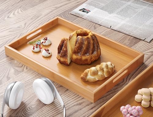 Fibogollo Bamboo Set of 2 Serving Tray with Handles,Decorative Trays Platter,Breakfast Tray in Bed,Food Drinks Trays for Eating,Working,Storing(Natural) - Image 2
