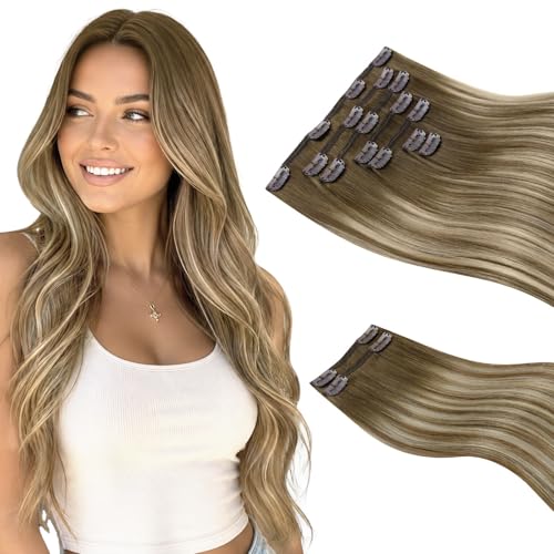 Image of Sunny Hair Clip in Hair Extensions Real Human Hair Ombre 18 Inch 170g | Brown Balayage Blonde Real Hair Extensions Clip in Human Hair for Special Occasions with Full Head Coverage and Thickness