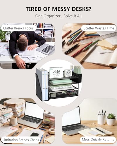 Image of WALI Desk File Organizer, 4 Tier Desktop Paper Letter Tray Organizer with Drawer and 2 Pen Holders, Office Desk Accessories & Workspace Organizers for Office, Home Supplies(DO005DH-2B), 2 Packs, Black