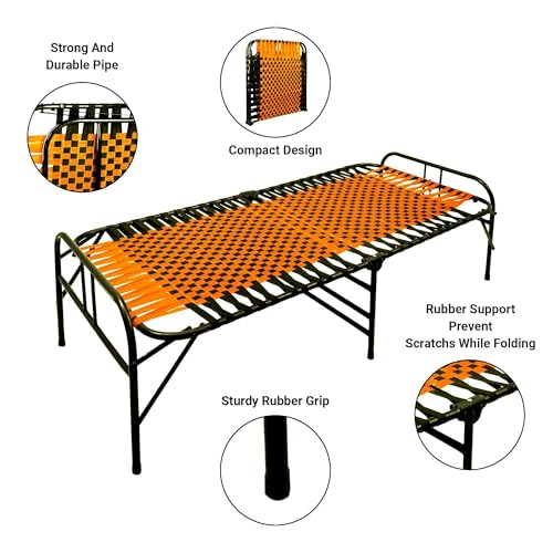 Image of Casa Copenhagen, Portable Single Folding Bed Heavy Duty Metal Cot Khat for Sleeping Bed Space Saving Design Sturdy Synthetic Niwar feet - Orange & Jet Black