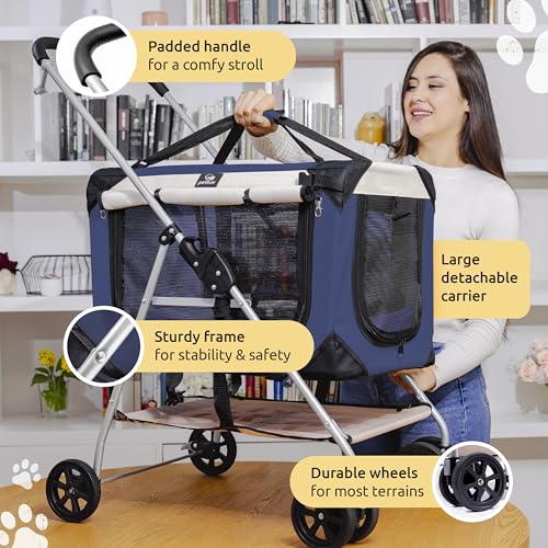 Pet Stroller, Fits 2 Cats, Small to Medium Dogs (Up to 45 Lbs), Detachable, Soft-Sided Pet Carrier, Collapsible, Includes Plush Pillow