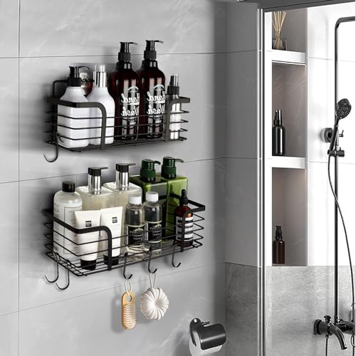Image of Boniry Adhesive Shower Organizer with 3 Hooks /No Drilling Wall Mounted Rustproof Stainless Steel Shower Shelf /SUS 304 Stainless Steel Organization for Bathroom Rack (35L X 12W X 12H CM, Black)
