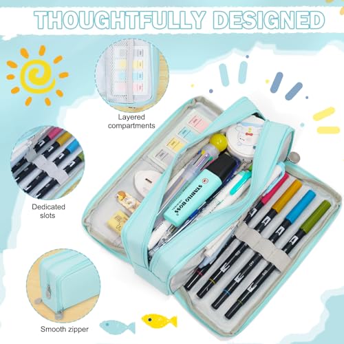 Image of CICIMELON Metal Pencil Case Large Capacity Pencil Pouch 3 Compartments Pencil Bag Gift For Students Girls Adults Women(Light Blue)