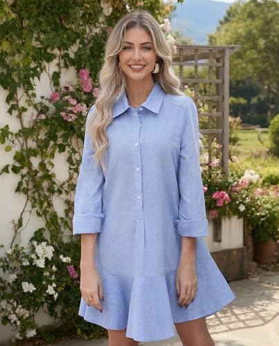 Image of YEXPINE Women's Tunic Mini Shirt Dress Cotton Linen Long Sleeve Button Up Ruffle Hem Loose Casual Summer Pockets Shift Dress