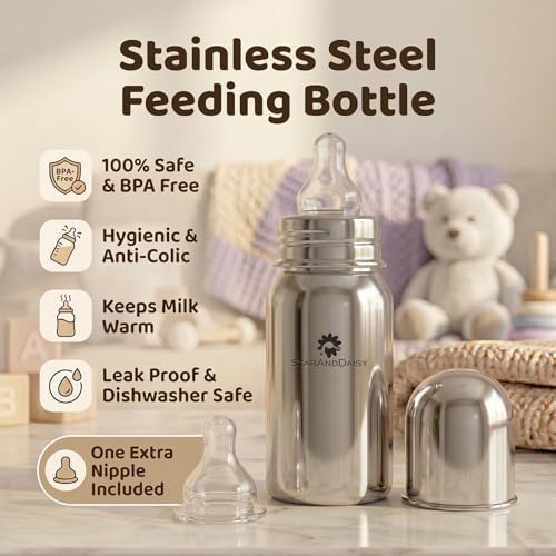 Image of StarAndDaisy Baby Milk Bottle for new Born /Infant /Toddler 150 ML SUS 304 Steel Baby Feeding Bottle for 0+ Months, BPA Free Leakproof Bottle, Anti Colic, Easy to Clean -Silver