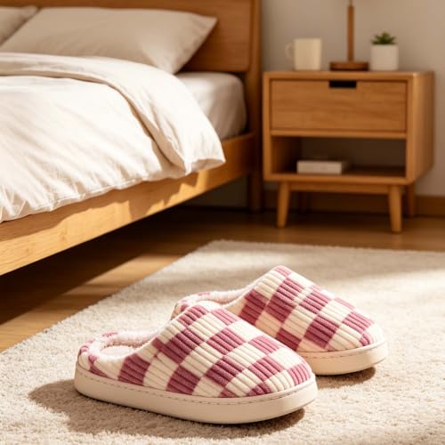 Image of Checkered Slippers for Women and Men - Fuzzy House Slippers with Memory Foam, Comfy Plush Fluffy Indoor House Shoes, Cozy Warm Slip on Bedroom Slippers with Non-Slip Sole
