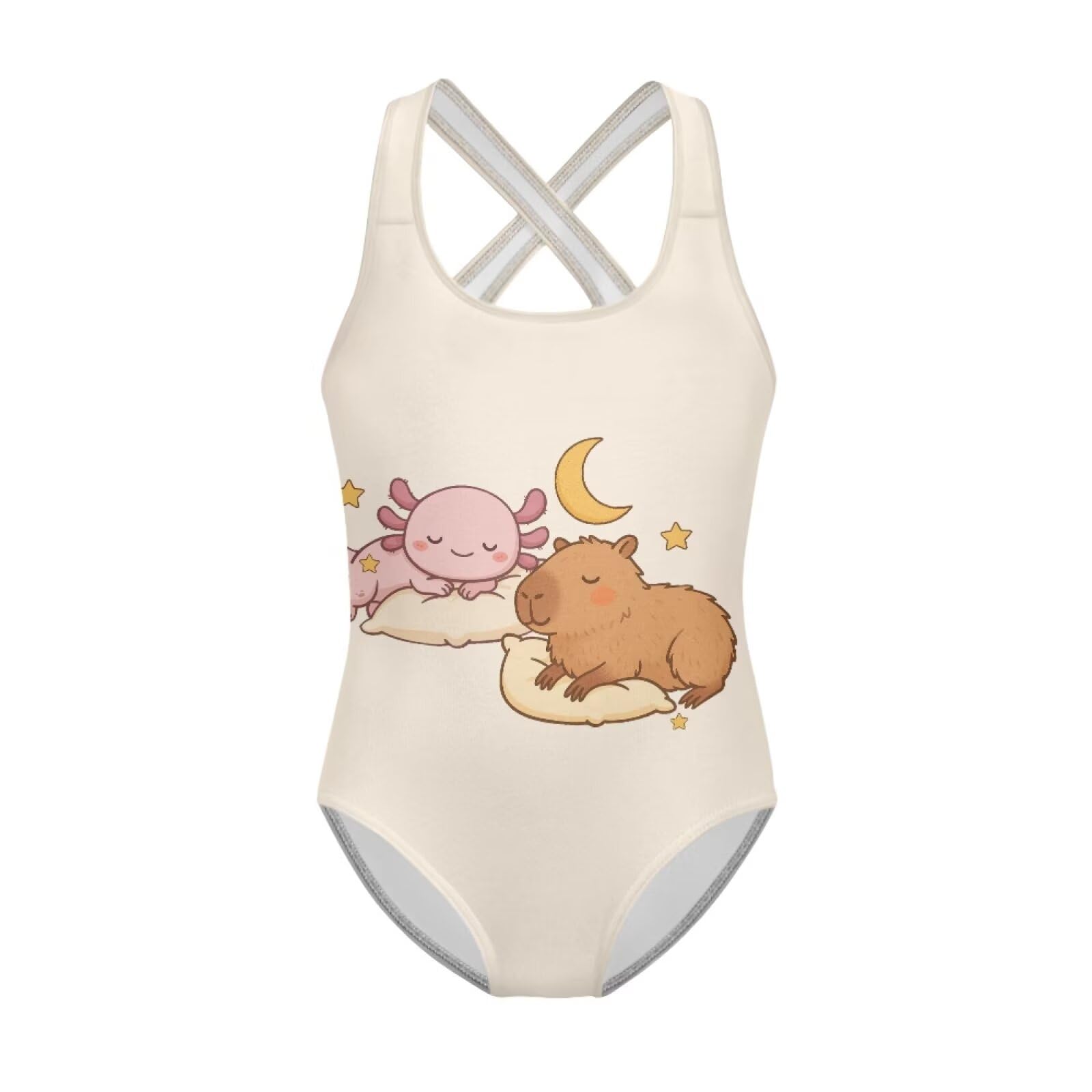 Girls One Piece Swimsuits Axolotl Cross Back Swimwear Beach Summer Quick Dry Beach Bathing Suit