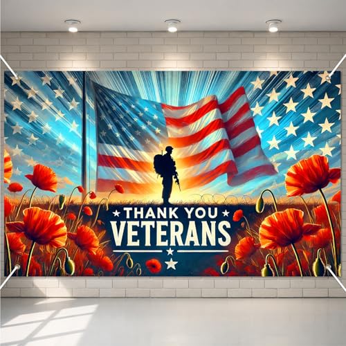 BlissYard 4th of July Decorations 71 x 43 Inch Thank You Veterans Banner Patriotic Backdrop American Flag Soldier Memorial Day Decorations for Outdoor Yard Veterans Day Independence Day Party