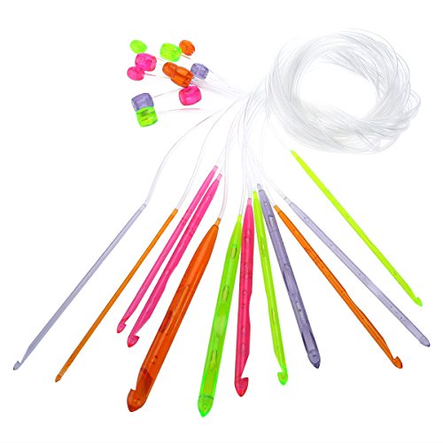 Tinksky 12 Sizes Colorful Plastic Carpet Crochet Hooks Knitting Needles 3.5mm to 12.0mm with Cable