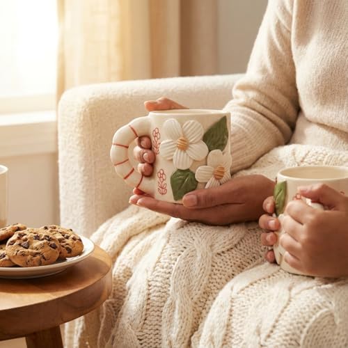 Image of 3D Flower Ceramic Coffee Mug 220ml | Handmade Tea Cup with Handle | Microwave Safe Coffee Cup Gift for Women | Valentine Gift for Her | Home Office Chai Mug | Birthday Gift for Girls
