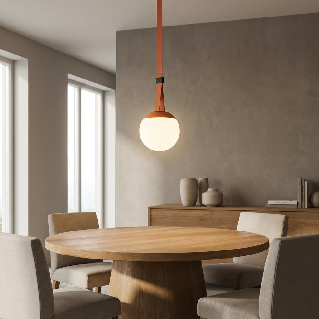 BARCELONA LED Axia 4 Lámpara Colgante LED Bola Opal 12W con Cinta Textil Conductora Color Ladrillo 5m, Gran Lámpara Colgante de Diseño Artístico y, Sistema Iluminación Configurable 2700K