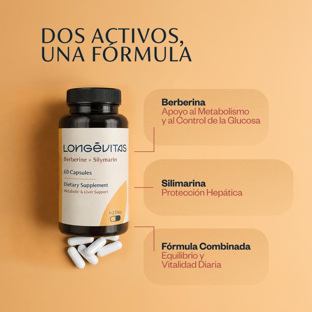 Longévitas Berberina con Silimarina, Origen Vegetal (60 Cápsulas) | 500 mg Berberis + Cardo Mariano, Control de glucosa, Función hepática, Fabricado en España, 1-2 meses