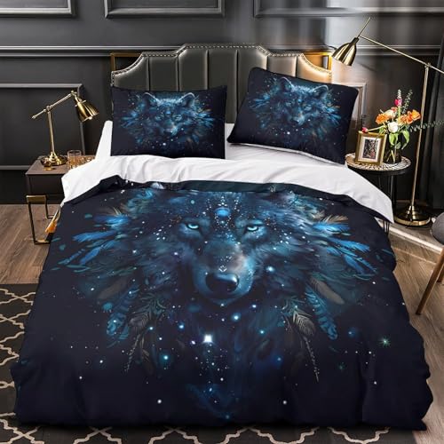 Drap de couette loup bleu 3D 200x200 microfibre 3 pièces