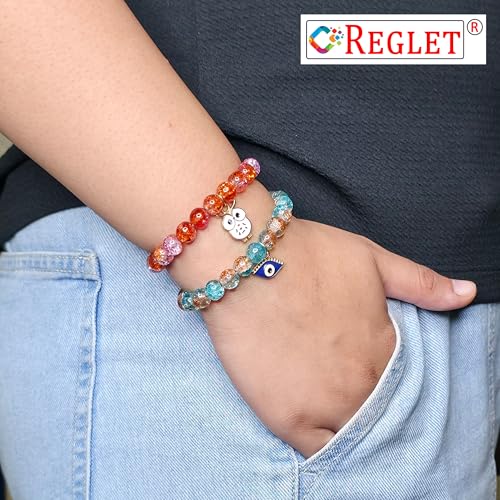 Image of REGLET- 10 Charms + 335 Pcs Dual Shade Sparkle Bracelet Beads for Kids, Glass Beads for Bracelet Making Kit, Jewellery Making Kit, Crystal Bead Craft - Multicolour - 240g