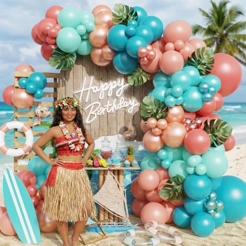 Image of Hawaiian Tropical Balloon Garland Arch Kit,Coral Beach Birthday Decorations | Pearl Aqua Blue Teal Blue Coral Blush Pink Pearl Champagne Gold Balloons for Summer Pool Luau Magic Theme Party Decor