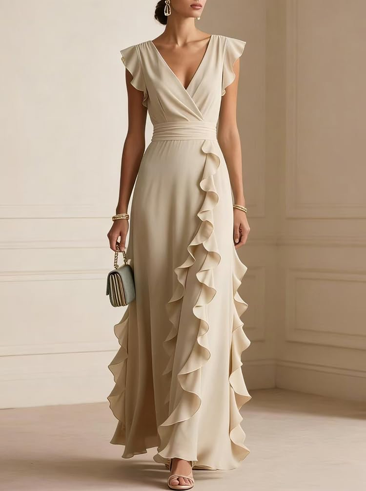 Minetom Robe de Soirée Femme Elegante Col en V Plissée Maxi Robes de Cocktail Cérémonie Mariage Longue