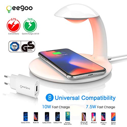 Preisvergleich Produktbild LED Nachttischlampe mit Ladefunktion, Oeegoo LED Nachtlampe Dimmbar Touch Control Schreibtischlampe, RGB Farbwechsel Stimmungslicht, 10W Qi Ladestation für Samsung / iPhone / HUAWEI (mit QC 3.0 Adapter)