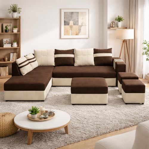 Image of Stova Luxe Velvet-Suede Fabric 8 Seater LHS L Shape Sofa Set | with 2 Ottoman & Centre Table| Comfortable & Spacious Seating | Modern Sofa Set for Living Room - Dark Brown & Cream