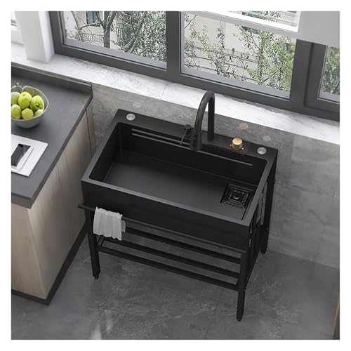 Fregadero Independiente, Fregadero Industrial De Un Solo Tazón, Lavadero Pila Exterior, Fácil De Instalar, Para Lavadero Patio Trasero Garaje(Black,75 * 45cm/29.5 * 17.7in)