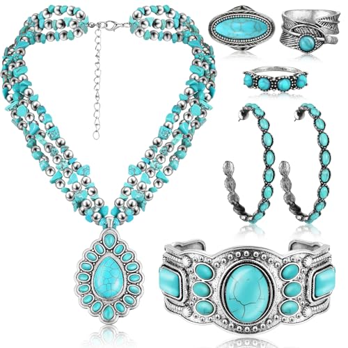 Image of Ecally Bohemian Western Jewelry Turquoise Set Women Country Pendant Long Choker Layered Bracelets Earrings Ring for Women