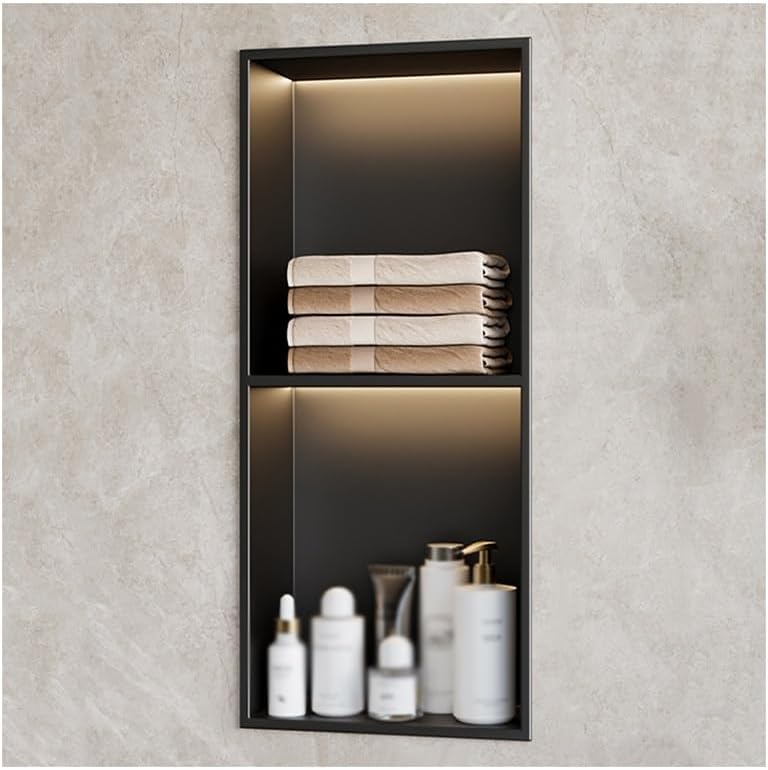 LED Waterproof Stainless Steel Shower Niche - Modern Wall Storage Shelf, No Tile Required, Black 70x28x12.5cm, Easy Installation for Bathrooms, Stylish & Durable
