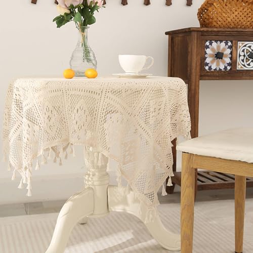 Nappe rectangle 140x250 anti tache en polyester et dentelle à pompons - 2