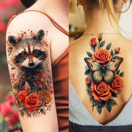 Image of 17 Sheets Unique Watercolor Lion Tiger Animals Temporary Tattoos For Men Women Half Arm Forearm Tattoo Sticker, Realistic 3D Dragon Snake Phoenix Fake Tattoo Sleeve For Adults Body Art Long Lasting