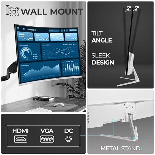 Image of Foxin Elite 24 Inch Curved LED Monitor | FHD 1080p, 100Hz Frameless & Anti-Glare | HDMI & VGA | 5ms | Wall Mountable | 2800R Curve | Curved PC Monitor for Gaming, Work | White