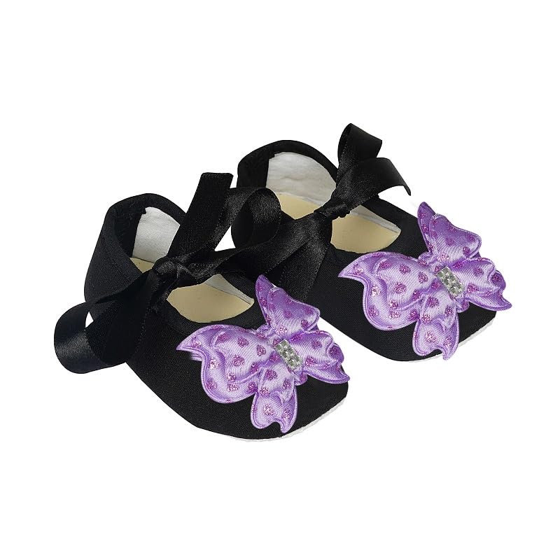 Infant New Baby Toddlers Boys and Girls Cotton Black Sandal Ribbon Booties With Purple Butterfly Patch [RSM_55]-image-41