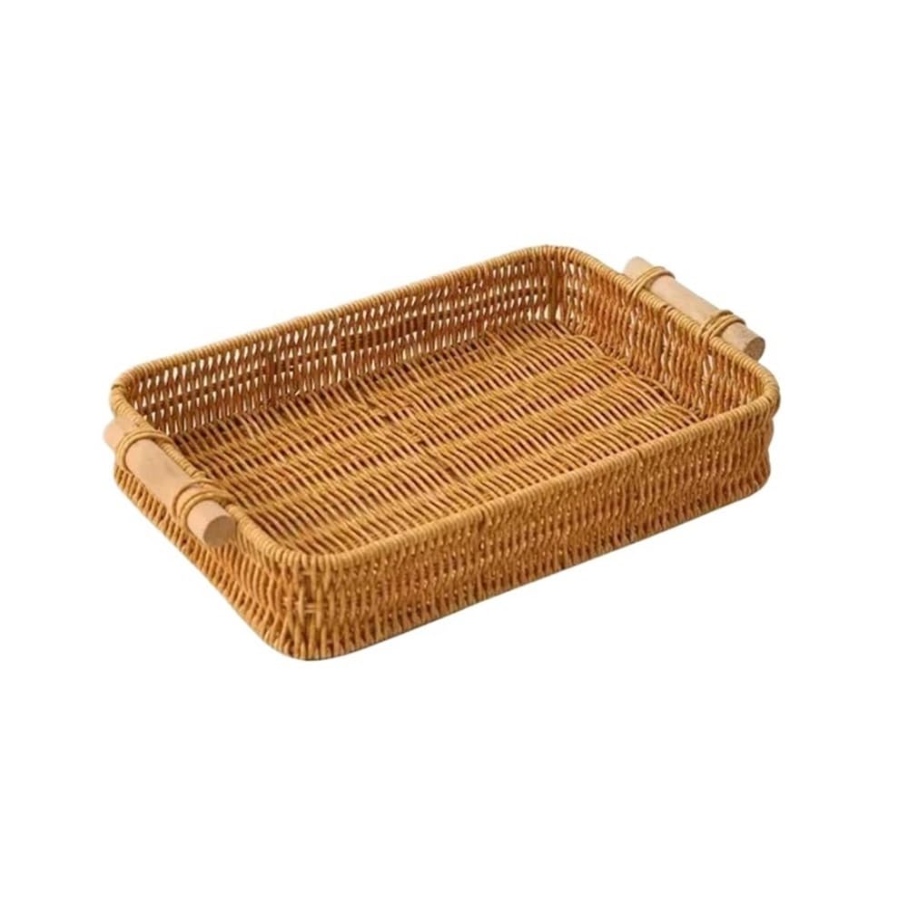 Zhaoj24-05 Fruit Racks Handmade Woven Rattan Storage Tray Square Wicker Basket Wooden Handle Bread Food