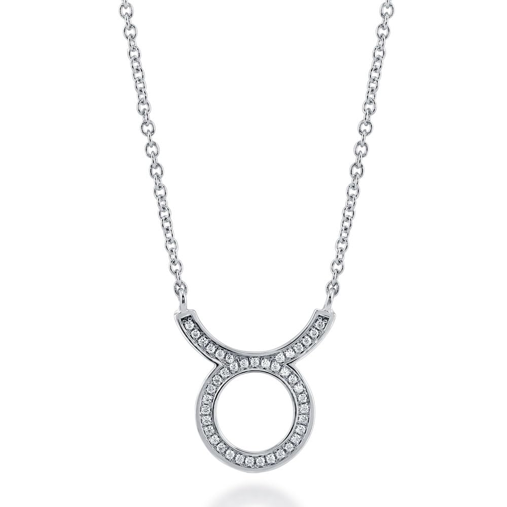 Sterling Silver Zodiac Sign Cubic Zirconia CZ Pendant Necklace for Women, Rhodium Plated 16 inch