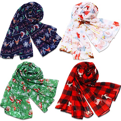 Eurzom 4 Pieces Christmas Loop Scarf Soft for Women Girls Lightweight Plaid Sheer Print Santa Snowflake Scarf Gift for Christmas Decor Winter
